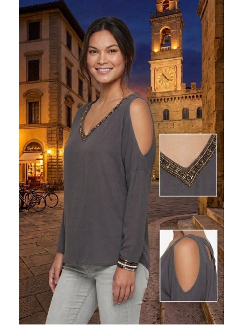 Juicy Couture Shoulders Cut outs V-Neck Blouse Rhinestones Fairy Sz L
